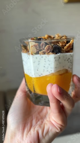 Chia pudding layered with mango puree, Greek yogurt and homemade granola in the glass