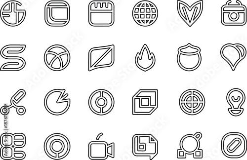 Vector collection of universal web interface outline icons featuring globe and media camera with Editable Stroke.
