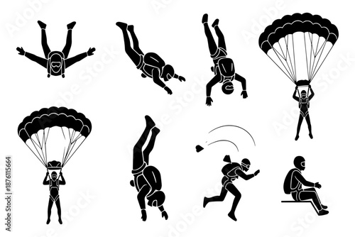 Skydiving and parachuting silhouette icon set showing freefall, parachute landing, and extreme sports action poses for adventure, aviation, and outdoor activity design concepts