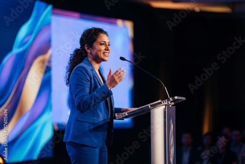 Confident indian woman in blue suit delivering a speech at a conference podium with microphone