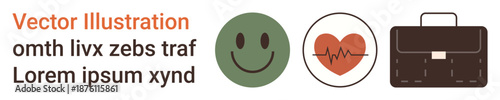 Wellness, healthcare, work-life balance, mental health, professional life, health monitoring. Green happy face, heart icon with pulse line and a briefcase. Mental health and healthcare concept