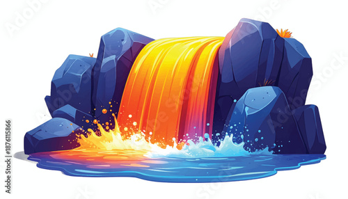 Vibrant Waterfall Cascade with Colorful Water and Rocky Surroundings.