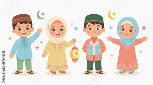 Cute Muslim Children Cartoon Vector for Idul Fitri with Islamic Outfit and Happy Eid Celebration on White Background