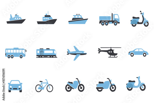 Blue transportation icon collection with cars, trucks, buses, trains, airplanes, bicycles, and scooters for logistics, delivery services, travel apps, and modern web design