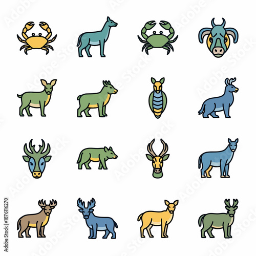 A collection of sixteen colorful stylized animal icons featuring various mammals and crustaceans in a grid layout.