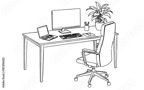 在宅ワークのデスク環境の線画イラスト｜人物なし・リモートワーク