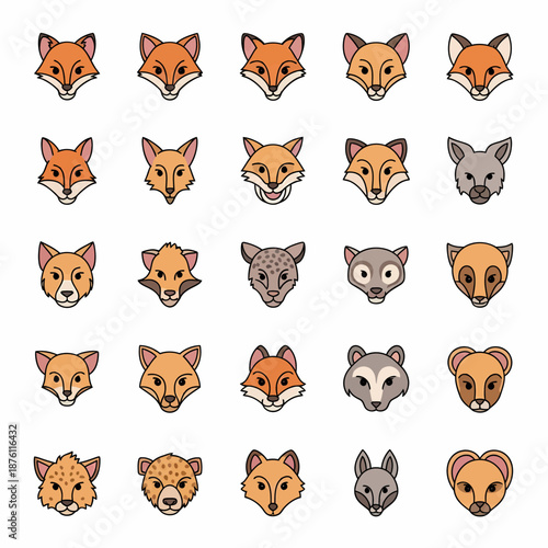 A collection of stylized cartoon animal faces, including foxes, wolves, and other wild creatures, presented in a grid.