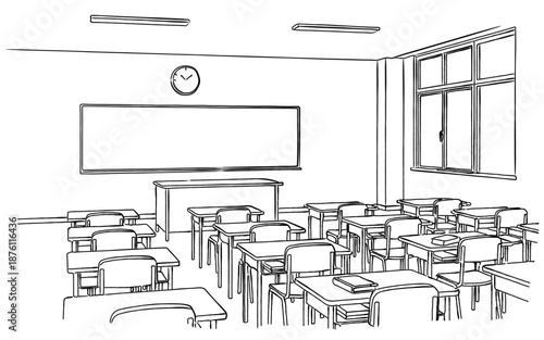黒板と机が並ぶ学校の教室の線画イラスト｜人物なし