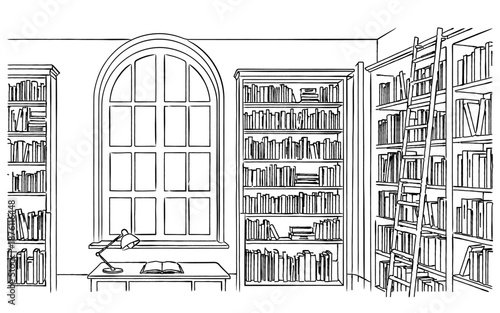 本棚と書斎のある図書室の線画イラスト｜人物なし