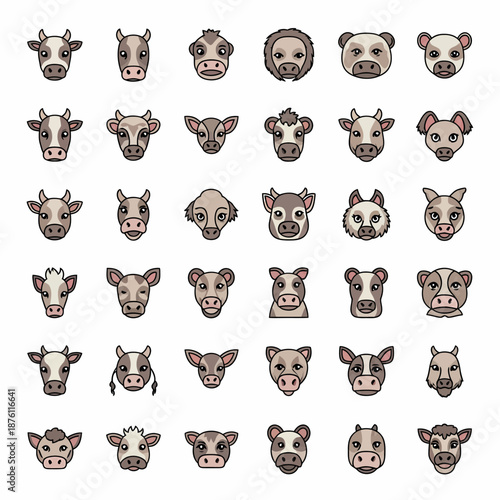 A collection of stylized animal head icons featuring various bovine and mammalian faces arranged in a grid pattern.