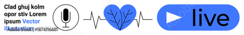 Audio streaming, health tools, digital healthcare, live broadcasting, cardiology, online communication. A microphone, heartbeat shape and a play button with the word live. Audio streaming and health