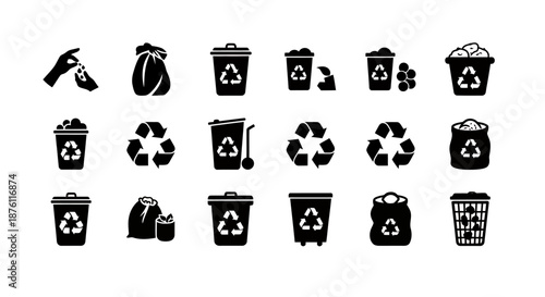 Set of black and white recycling and waste management icons in various styles.