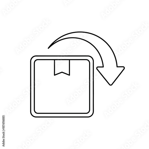 Outline icon of package box with curving downward arrow, symbolizing return delivery, receiving shipment, or product exchange in e-commerce logistics.