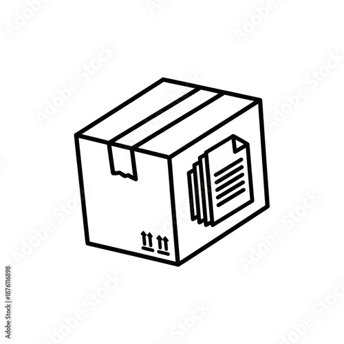 E-commerce Shipping Box with Documents Outline Icon. Delivery, Logistics, Package Tracking, and Order Fulfillment Vector Symbol.