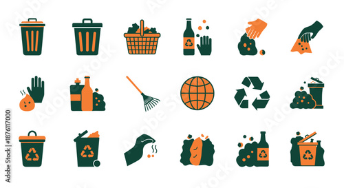 Set of colorful icons representing waste management and recycling concepts.