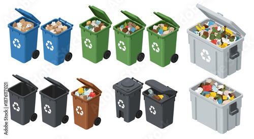 Set of colorful recycling and waste bins with various types of trash inside.