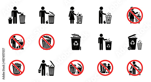 Set of icons illustrating proper and improper trash disposal and recycling practices.