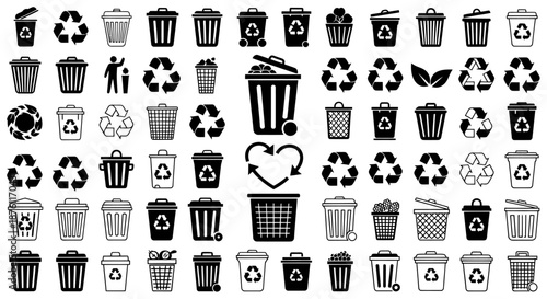 Collection of various black and white trash bin and recycling icons in different styles.