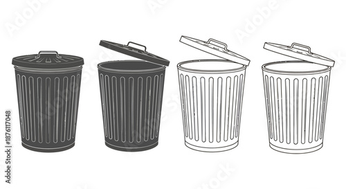 Set of black and white trash cans with lids and handles in different styles.