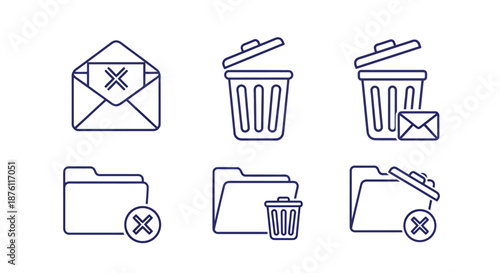 Set of icons representing email and folder deletion actions with trash bin symbols.