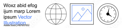 Media, communication, productivity, global reach, information sharing, design . A globe, a framed image and a clock icon. Media and communication concepts in a sleek design
