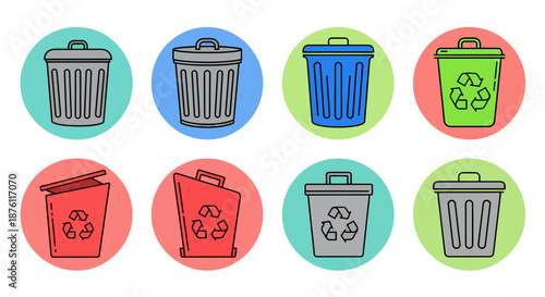 Colorful recycling and trash bin icons representing waste management and environmental care.
