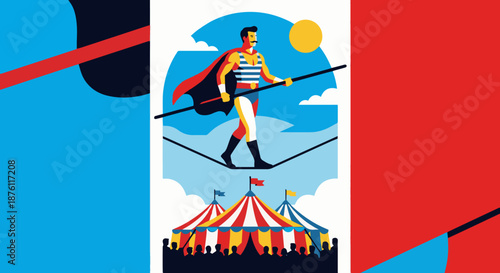 Circus Tightrope Walker
A flat vector illustration of a tightrope walker balancing on a rope high above the ground. Pole for balance, circus tent below. Flat vector style, clean and bold composition.
