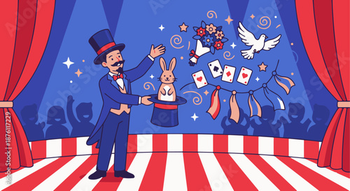 Circus Magician Performing Magic
A flat vector illustration of a circus magician pulling objects from a hat. Stars and sparkles appear. Flat vector style, whimsical and magical atmosphere.