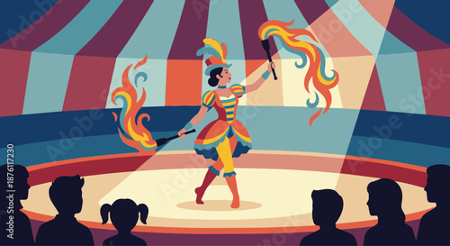 Circus Fire Performer 
A flat vector illustration of a circus performer skillfully performing with fire torches. Stylized flames, no danger or gore. Flat vector style, dramatic yet safe.
