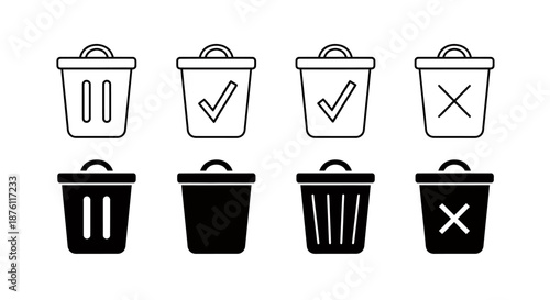 Set of black and white trash bin icons with different check and cross marks.