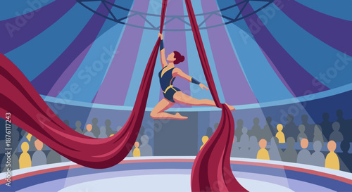  Circus Aerial Performer
A flat vector illustration of an aerial performer on silks or trapeze. Flowing fabric, high stage view. Flat vector style, elegant and graceful.