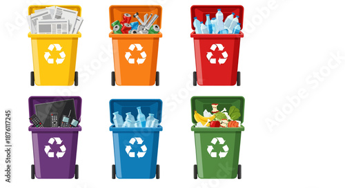 Colorful recycling bins filled with various recyclable materials for waste separation.