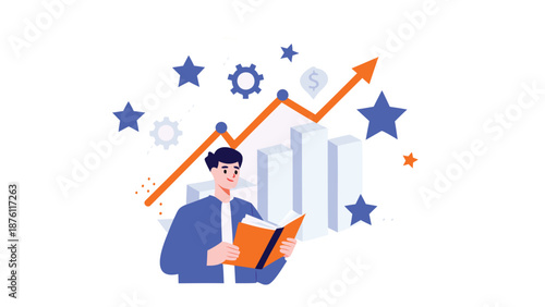 Businessman analyzing growth charts and data with notebook