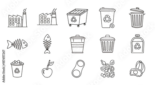 Hand-drawn icons representing various waste types and recycling concepts.