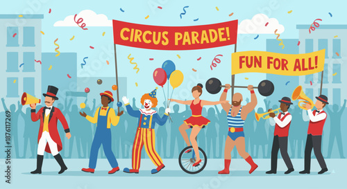 Circus Performer Parade
A flat vector illustration of multiple circus performers walking together in a parade. Colorful costumes, banners, and confetti. Flat vector style, festive and lively scene.