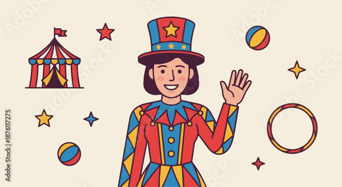 Friendly Circus Performer Portrait
A flat vector illustration of a friendly circus performer smiling confidently in costume. Simple background with circus icons like stars and tents. Flat vector style