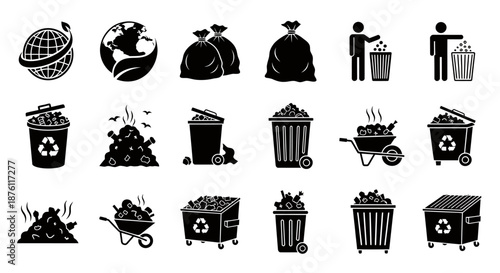 Set of black and white icons representing various types of trash bins and waste disposal methods.