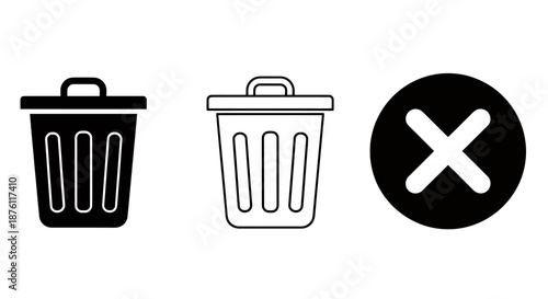 Set of trash bin and cancel icons in black and white.