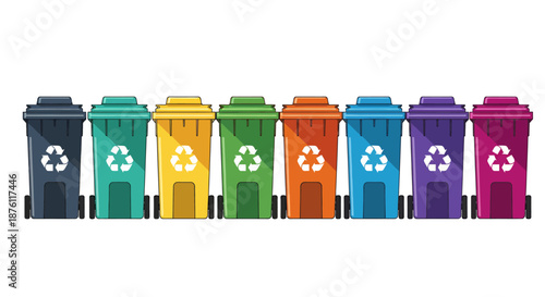 Colorful row of recycling bins with different colors and recycling symbols.
