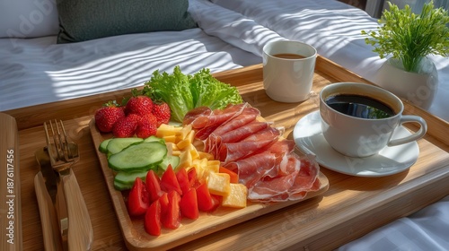 Breakfast in Bed: Coffee, Fruit, Cheese, and Prosciutto