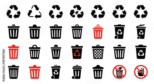 Set of various recycling and waste bin icons in black and red colors.