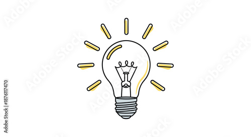 Simple and clean line art illustration of a shining lightbulb with yellow highlights, symbolizing a new idea, creativity, or innovation.