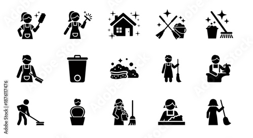 Set of black icons representing various cleaning and housekeeping activities and tools.