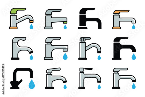 A collection of colorful faucet icons with water droplets on a white background