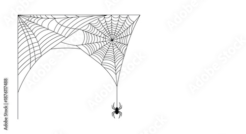 Minimalist black and white line drawing of a spiderweb in a corner with a small spider hanging from a single thread of silk.