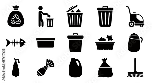 Set of black silhouette icons representing various waste disposal and cleaning tools.