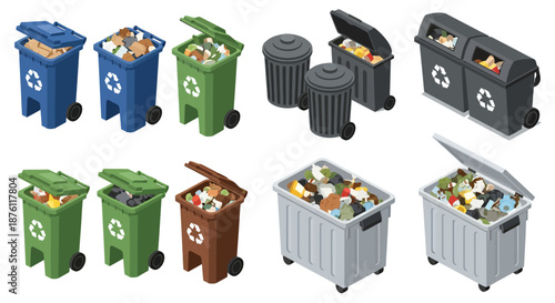Set of various colorful trash bins and recycling containers filled with waste.