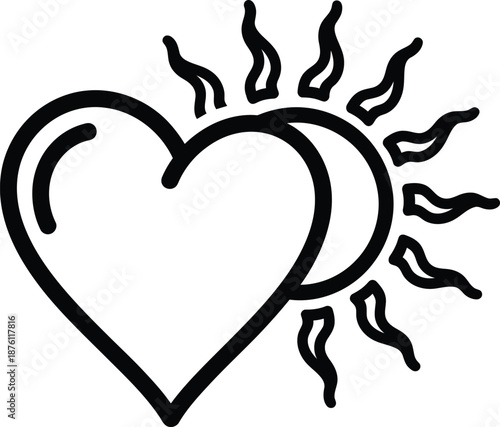 Black line art heart with sun rays isolated on transparent background