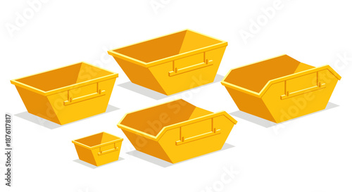 Set of yellow construction waste containers in various sizes isolated on white background.