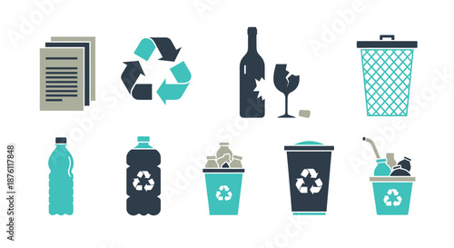 Set of colorful recycling and waste management icons for environmental awareness.